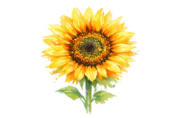 Obraz premium Hand painted watercolor sunflower blossom vibrant yellow petals with green leaves and stem, transparent background
