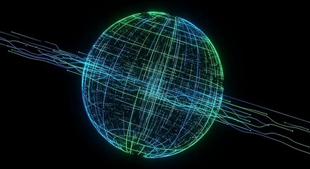 Global data network sphere with flowing digital information streams.