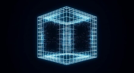 Futuristic data cube exploring digital information within a wireframe grid.