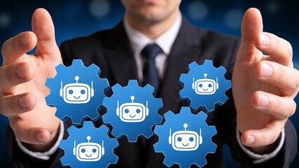 Businessman holding robot icons