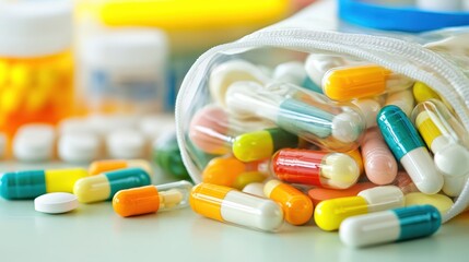 A transparent bag spilling with a variety of colorful sealed medical capsules and pills on a table with a blurred background