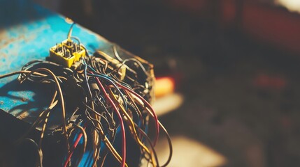 A tangled electrical wiring harness spills out from industrial machinery with red blue and yellow wires