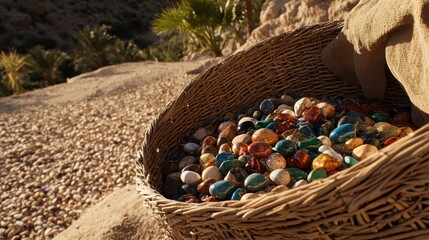 A Woven Basket Filled With Smooth Colorful Stones Placed Outdoors On Sand With Palm Trees In The Background Under Sunlight
