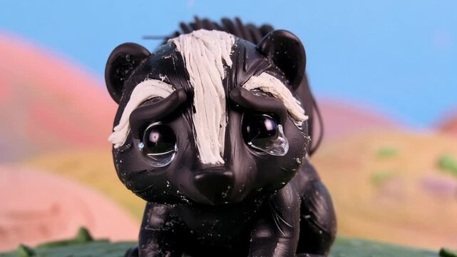 Close-up of toy skunk with white stripe on forehead, outdoors in a colorful desert landscape with hills and blue sky