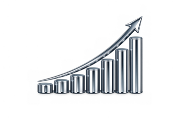 Business growth chrome bar chart with upward arrow showing financial profit increase and market success, transparent background