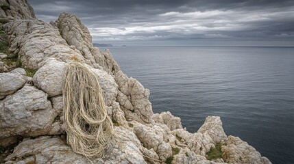 A tangled mass of discarded fishing line lies drying on a rocky cliff overlooking the ocean under a cloudy sky