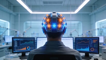 Person wearing futuristic brain interface in lab