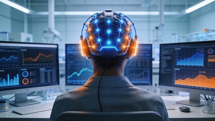 Person wearing futuristic brain interface headset