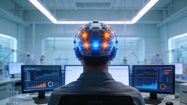 Person wearing futuristic brain interface in lab - Powered by Adobe