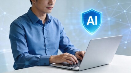Man working on laptop with AI icon