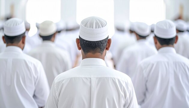 Back View of Men in White Traditional Attire Praying at Mosque Under Bright Lighting