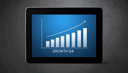 Tablet Displaying Upward Trend Bar Chart for Q4 Growth Analysis.