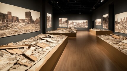 An exhibition in a gallery displays photographs and artifacts depicting societal collapse and ruins on a wooden floor with soft lighting