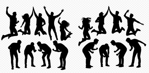 Silhouettes of diverse people celebrating success and expressing various emotions, including jumping and bending over. © Adji