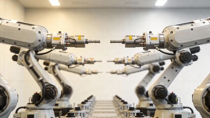 Rows of robotic arms in a factory
