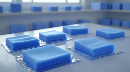 Fototapeta premium Collection of blue antiseptic cleaning wipes individually sealed and displayed on a surface with rows in the background