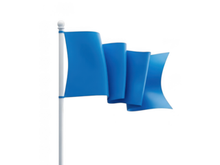 Blue flag waving on a white pole isolated on transparent background