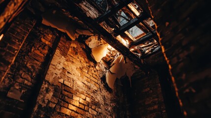 Crumbling plaster falling from a decaying brick ceiling with exposed wooden beams in an abandoned structure
