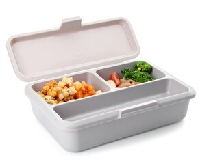 A white plastic lunch box with a hinged lid open, containing two compartments of food