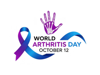 World arthritis day awareness ribbon and hand sign on transparent background