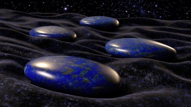 Collection of smooth polished lapis lazuli chips on a dark textured surface under a starry night sky