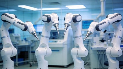 Four robotic arms in a lab setting