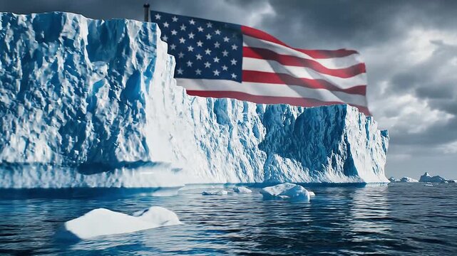 Iceberg with American flag symbolizing geopolitical tension between the United States and Greenland.
