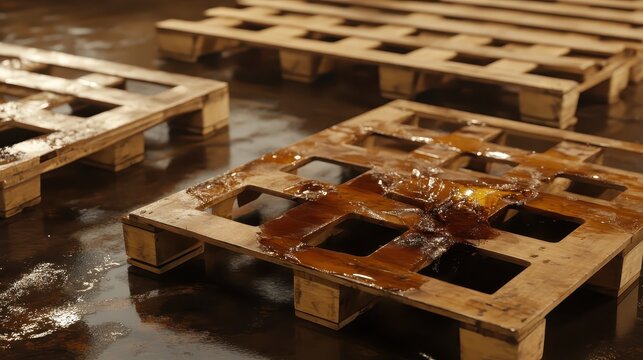 Damaged and broken wooden and plastic pallets in a warehouse