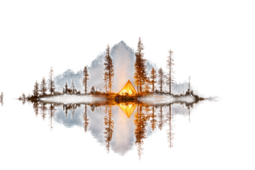 Camping tent in forest with reflection isolated on a transparent background