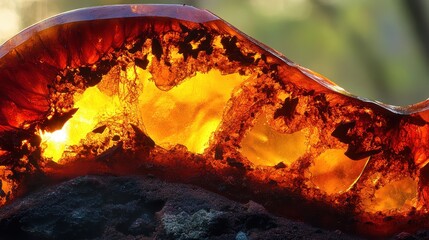 Close up of a glowing translucent amber resin mineral with intricate organic patterns and warm orange and yellow light shining through its internal texture