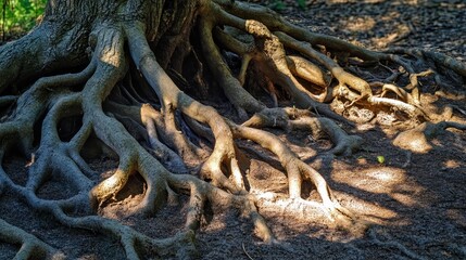 Detailed view of gnarled tree roots exposed above the forest ground illuminated by dramatic sunlight and shadows