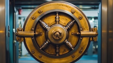 Close up of a heavy bolted steel vault door mechanism