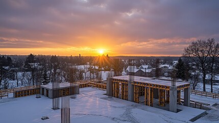 Concrete building construction site bathed in the warm glow of a winter sunrise with snow covering the ground