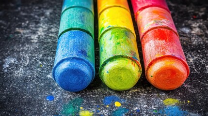 Close up view of assorted brightly colored crayons on a textured surface with paint splatters