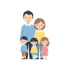 Happy Cartoon Family: Parents and Three Children, Diverse Ages, Isolated on White