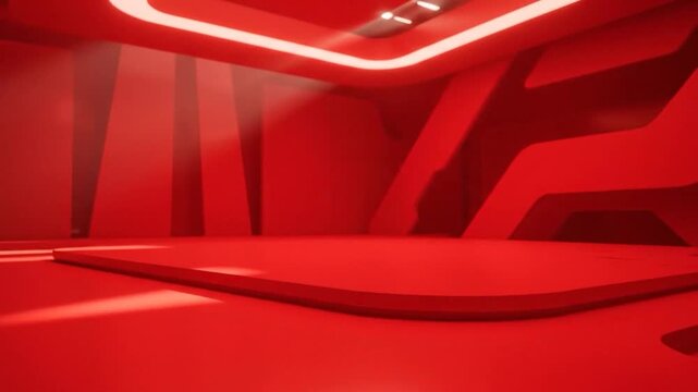 Futuristic, minimalist red stage with curved platforms and glowing accents