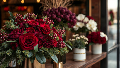 深紅とクリームでまとめたホリデー向けの華やかな花屋ディスプレイ（人物なし）