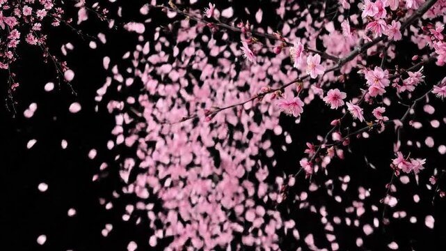 Delicate pink cherry blossoms and petals falling against a stark black background, creating a serene scene.