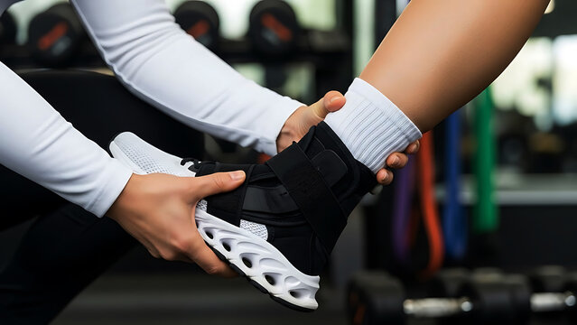 Person wearing a black and white ankle brace on their right leg in a gym