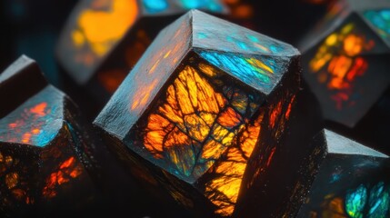 Colorful microscopic stained cell cube with vibrant illuminating details