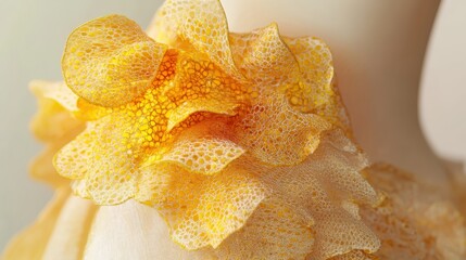 Close-up view of intricate yellow and white layered textile with delicate ruffles and a detailed lace-like pattern showcasing its soft texture and warm illumination
