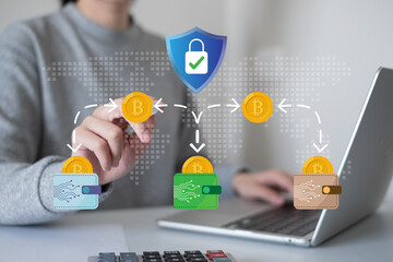 Person using smartphone laptop transfer cryptocurrency investment financial from exchange to hardware wallet digital data safety protection encryption cybersecurity, blockchain technology concept
