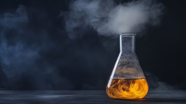 Laboratory flask containing swirling dark liquid with smoke rising in a dark environment