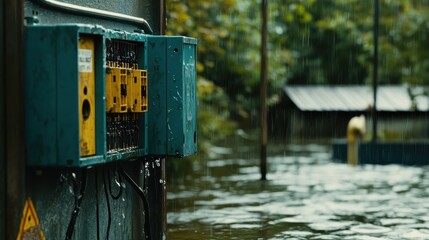 Electrical junction box submerged in floodwaters during heavy rain outdoors with a wooden building in the background