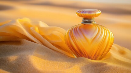 Elegant perfume bottle on sand with soft flowing fabric