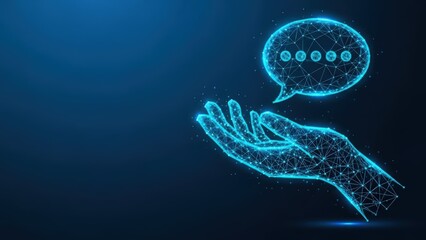 Wireframe Hand Holding Digital Speech Bubble with Network Connections