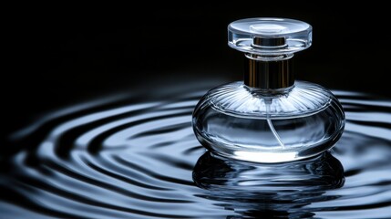 Elegant perfume bottle on water creating subtle ripples