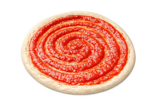 Uncooked pizza dough a perfect base, spread with vibrant red tomato sauce creating a delicious spiral pattern. Transparent background