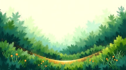 A serene sun dappled forest path winding through lush green trees and vibrant wildflowers under a bright sky