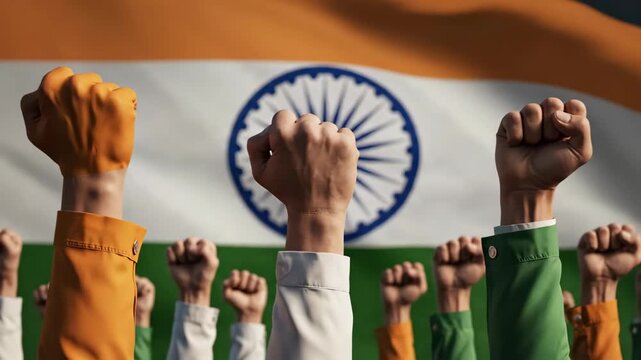 A video of people raising their fists in front of the Indian flag, symbolizing unity and patriotism